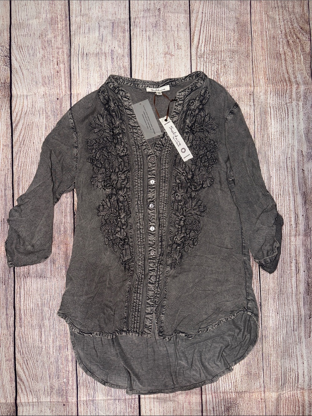 Solitaire Charcoal Embroidered Button-Front Tunic